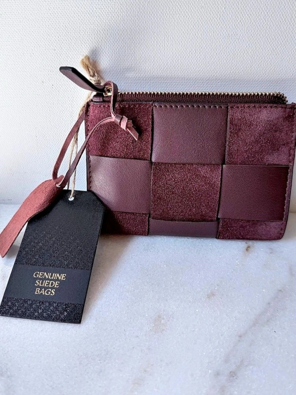 burgundy woven leather and suede zippered pouch wallet